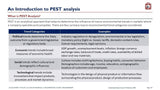 The image displays a slide titled "An Introduction to PEST Analysis," relevant for Achieving Business Success Without An MBA alternatives. It includes a logo, text defining PEST analysis, and descriptions of political, economic, social, and Purchase Only | No Online Access.