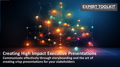 A vibrant graphic of interconnected 3D nodes with lines forming a network, set against a dark background with a blue and orange glow. Text overlay promotes "Creating High Impact Executive Presentations" by Purchase Only | No Online Access.