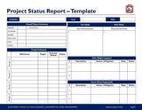This image displays a Purchase Only | No Online Access management consulting toolkit featuring a project status report template with tables for overall status summary, achievements, plans for next week, budget, resources, and milestones. Each section includes columns for different.
