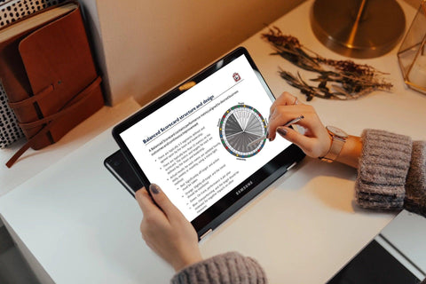 A person is studying The Business Improvement Champion on a tablet from Purchase Only | No Online Access, highlighting segments with a stylus. The tablet rests on a desk with a lamp and dried plants beside it, creating a cozy study environment.