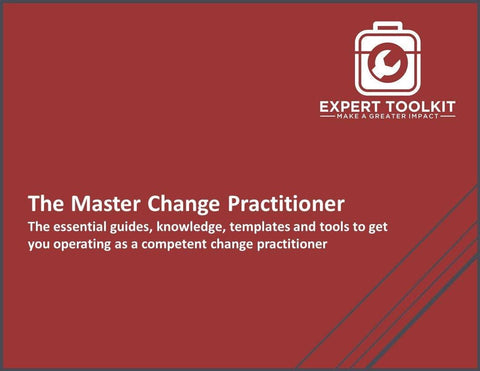 Red background with white text stating "The Change Practitioner" and a subtitle "the essential guides, knowledge, templates and tools for stakeholder management to get you operating as a competent change practitioner. (Amazon)