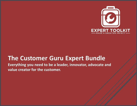 Red background with a white logo of a briefcase and a circular arrow, alongside text "The Customer Guru expert toolkit" in white. Text below in white reads "everything you need to be a leader" by Amazon.