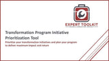 A graphic design titled "Transformation Initiative Prioritization Tool" from Purchase Only | No Online Access with a tagline stating "make a greater impact". It features a red and white color scheme with a briefcase icon containing