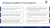 The image is a slide presentation titled "Being a Professional Consultant vs. 'Line Management'." It contains two columns comparing aspects of consulting with line management through bullet points, emphasizing influence versus direct control in consulting. Brand Name: Purchase Only | No Online Access