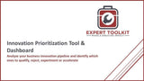 Advertisement for "Purchase Only | No Online Access: Innovation Prioritization Tool & Dashboard" featuring a briefcase icon with a refresh symbol, and text explaining the tool helps analyze and manage business innovation pipeline. Red and white