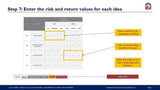 Screenshot of Purchase Only | No Online Access's Innovation Prioritization Tool & Dashboard for entering risk and return values for business ideas, featuring a table labeled "step 7: enter the risk and return values for each idea" with columns for idea.