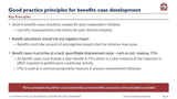 An informational slide titled "Key Principles for Benefits Case Development in Management Consulting" with bullet points outlining guidelines for creating distinct benefits cases, using KPIs and metrics, and accounting for quantifiable improvements in Management Consulting Basics from Purchase Only | No Online Access.
