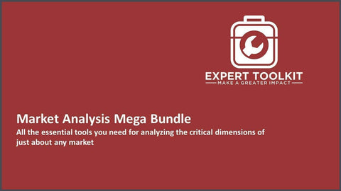 An advertisement for the "Market Analysis Mega Bundle" by Amazon, with a brief description, featuring a suitcase icon encircled by an arrow, and the logo of expert toolkit on a red background.