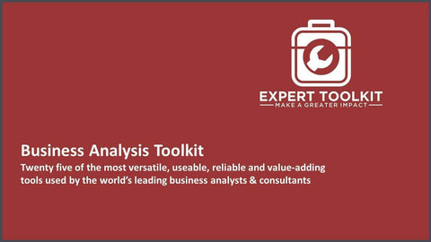 This image features a promotional banner for the "Business Analysis Toolkit" by Amazon, which includes 25 versatile and reliable tools and templates used by leading analysts and consultants. The design is minimalist with red and white tones.