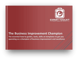 An image of a tablet screen displaying the cover of "The Business Improvement Champion" guide by Purchase Only | No Online Access, highlighting essential tools such as SIPOC Modeling and skills for business excellence.