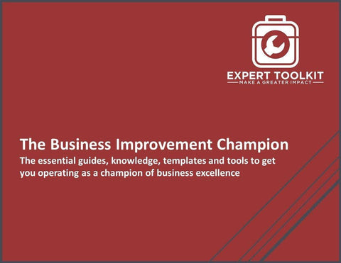 The image features a dark red background with a logo of a white briefcase and refresh symbol at the top left. It's titled "The Business Improvement Champion" by Amazon in white text, followed by a description.