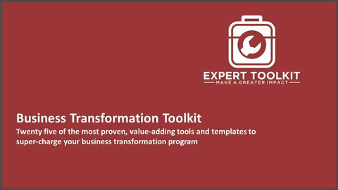 A graphic titled "The Business Transformation Toolkit" featuring a suitcase icon with a circular arrow, with text describing it as containing twenty-five proven, value-adding tools and templates for business transformation. The background is red. Brand Name: Amazon