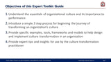 A slide titled "objectives of this expert toolkit guide" lists four objectives regarding corporate culture, including understanding its essentials, introducing a process for cultural transformation, providing frameworks, and implementing culture transformation strategies with The Journey to Transform Corporate Culture from Purchase Only | No Online Access.