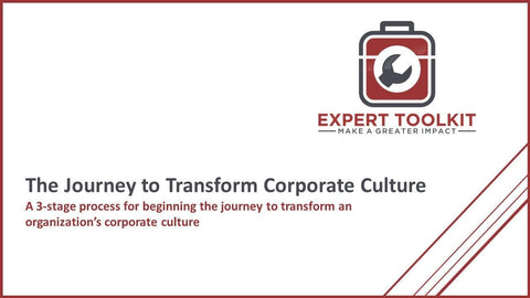 An image titled "The Journey to Transform Corporate Culture" featuring a logo of a briefcase with a circular arrow. The subtitle states, "a 3-stage process for beginning the journey to transform an corporate culture." Brand Name: Purchase Only | No Online Access