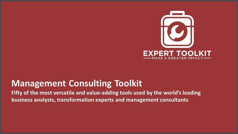 Image featuring a logo of a briefcase with a refresh arrow, titled "The Management Consulting Toolkit" by Amazon. Below is a tagline: "Fifty of the most versatile and value