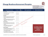 An image of "The Master Change Management Practitioner" featuring tables to rate critical success factors, such as vision clarity, leadership, and stakeholder management. Color-coded sections help in noting strengths and areas needing improvement. Brand Name: Purchase Only | No Online Access
