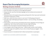 The image is a slide from "The Master Change Management Practitioner" by Purchase Only | No Online Access, titled "Expert Tips: Encouraging Participation," listing various strategies like using eye contact, using non-verbal cues, and managing group dynamics to foster involvement in meetings or presentations.